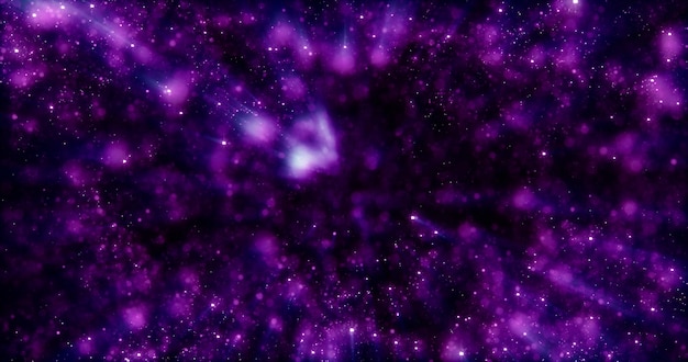 Roxo e azul lindas partículas estelares brilhantes e brilhantes voando na galáxia na energia espacial