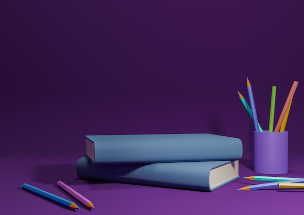 Roxo escuro De volta à escola, suporte de pódio de exibição de produtos escolares, imagem horizontal de lápis e livros laterais