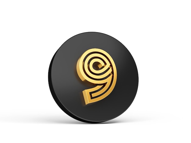 Royal Gold Modern Font Elite 3D Digit Letter 9 nueve en icono de botón 3d negro Ilustración 3d