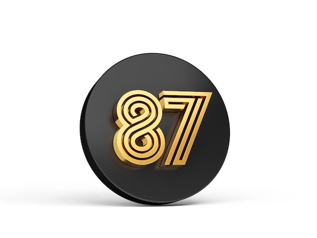 Royal Gold Modern Font Elite 3D dígito letra 87 oitenta e sete no ícone de botão 3d preto ilustração 3d
