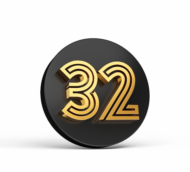 Royal Gold Modern Font Elite 3D-Ziffernbuchstabe 32 Zweiunddreißig auf schwarzem 3D-Schaltflächensymbol 3D-Illustration