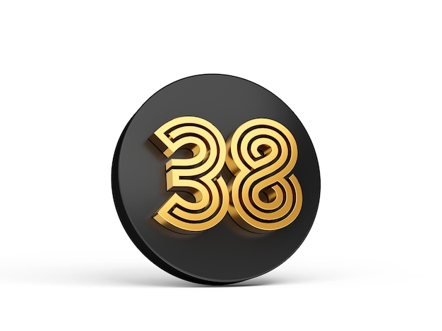 Royal Gold Modern Font Elite 3D-Ziffernbuchstabe 38 Achtunddreißig auf Schwarz 3D-Schaltflächensymbol 3D-Illustration