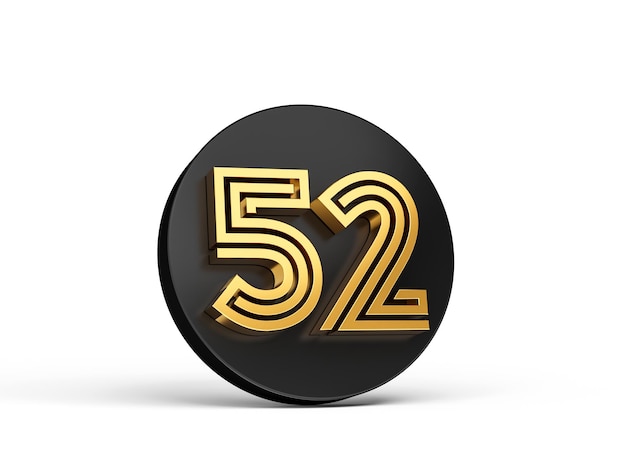 Royal Gold Modern Font Elite 3D-Ziffernbuchstabe 52 Zweiundfünfzig auf Schwarz 3D-Schaltflächensymbol 3D-Illustration