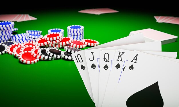 Foto royal straight flush cara de carta en el juego de póquer en un casino o juego en línea forma cartas y apuesta con fichas en lugar de dinero en efectivo all in con todas las apuestas rendering 3d