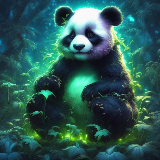 Royo el lindo y adorable panda nocturno en las noches de jardín de brillo bioluminescente