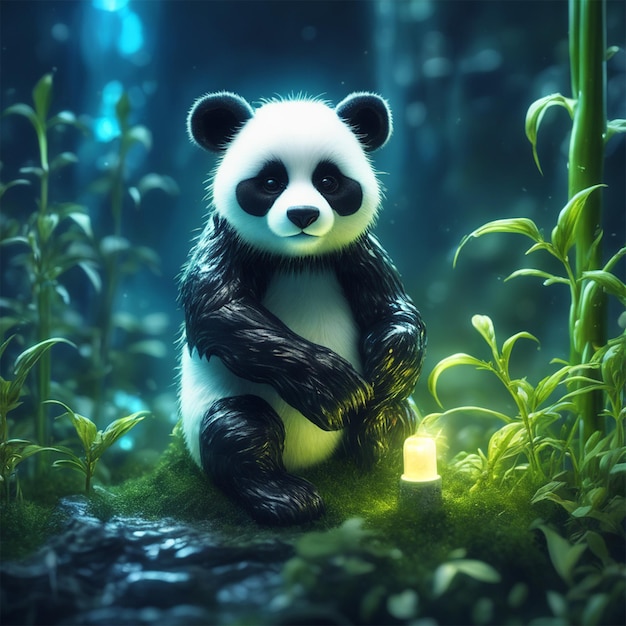 Royo el lindo y adorable panda nocturno en las noches de jardín de brillo bioluminescente