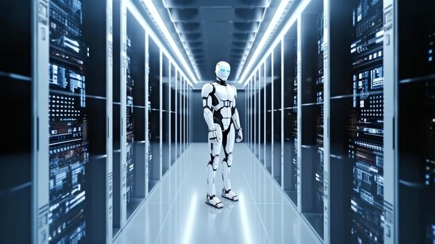 RPA de IA generativa y robots Cyborg en una sala de servidores