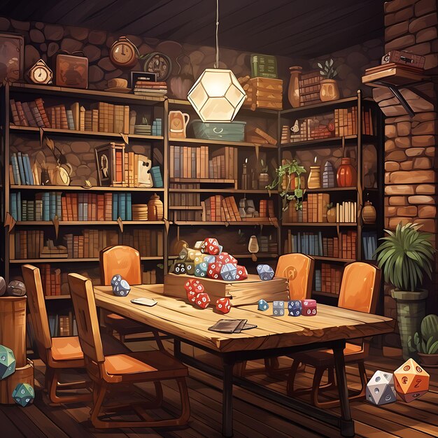 Foto rpg game room boys com estantes de livros e dados set de mesa de madeira tendência de fundo decorativo da sala.