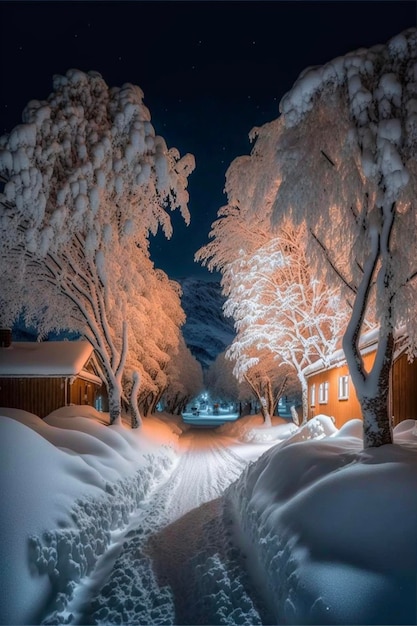 Rua alinhada com árvores cobertas de neve à noite generativa ai