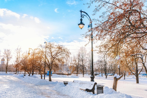 Rua ambulante da cidade com bancos cobertos de neve no inverno em um dia ensolarado Linda paisagem de inverno