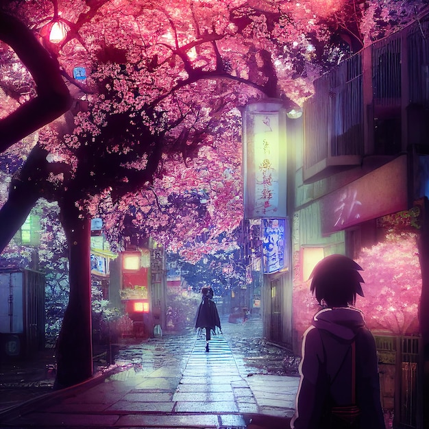 Rua ambulante, flores de sakura, flor de cerejeira, fantasia, cidade de tóquio, japão, anime, mangá, fundo