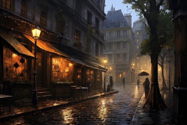 Rua antiga em Paris França Nevoeiro dia de chuva renderização em 3D Uma pintura atmosférica de um beco encharcado em Paris AI gerada