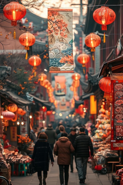 Foto rua chinesa lotada com lanternas vermelhas