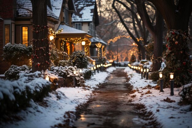 Rua coberta de neve da cidade decorada com guirlandas luminosas e lanternas para o Natal