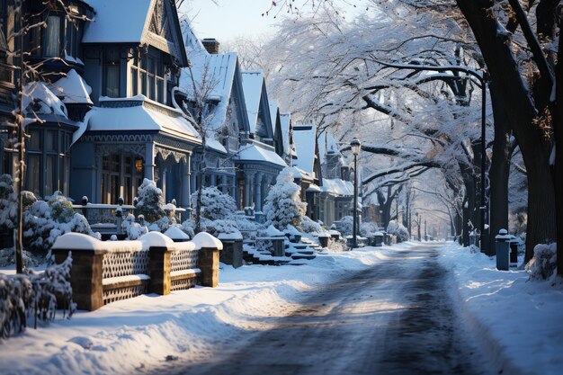 Rua coberta de neve nos subúrbios no inverno na véspera de Ano Novo