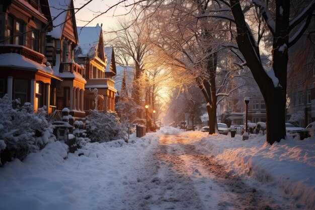 Rua coberta de neve nos subúrbios no inverno na véspera de Ano Novo