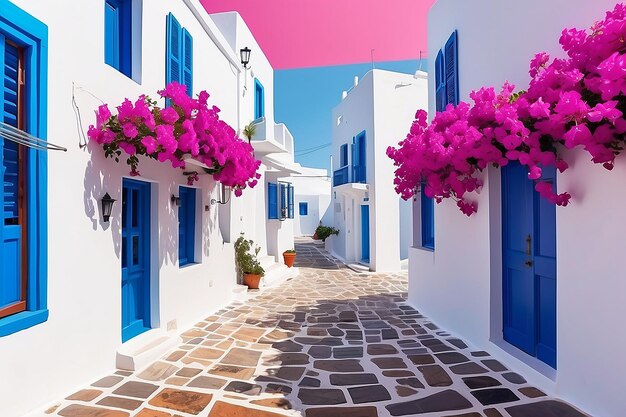 Rua com belas flores de bougainvillea rosa e paredes de casas brancas rua grega colorida na ilha de Lefkes Paros