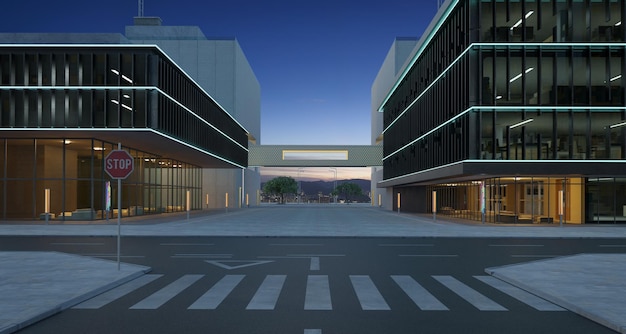 Rua com exterior de um prédio de escritórios moderno. renderização em 3D