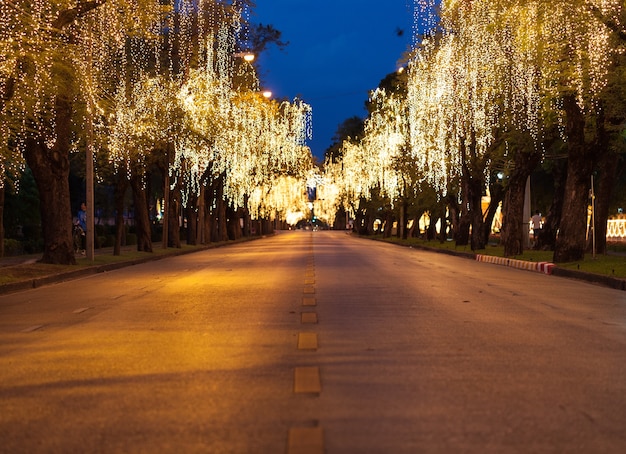 Foto rua com luzes no lado.