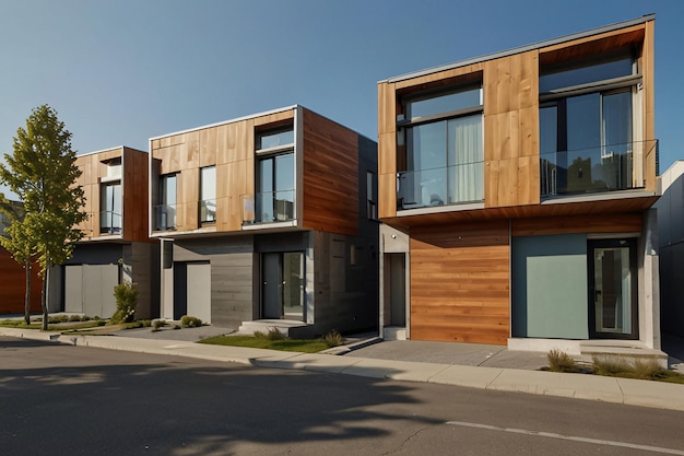 Rua com modernas casas particulares modulares Aparência da arquitetura residencial