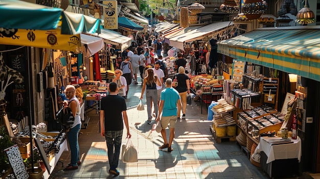 Rua comercial lotada com pessoas caminhando e navegando pelas barracas Há telhados coloridos e uma variedade de lojas que vendem produtos diferentes