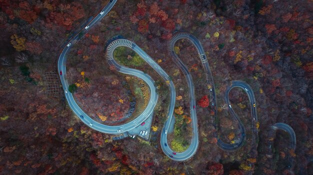 Rua curvilínea bonita na montanha Nikko, Japão. Vista aérea