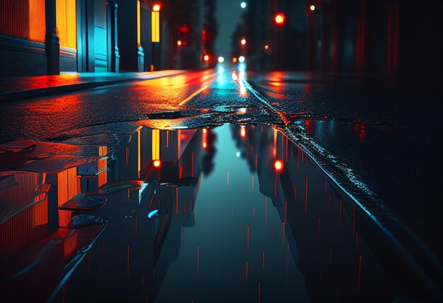 Rua da cidade à noite com asfalto molhado e reflexos de luzes de néon 3d renderização generativa ai