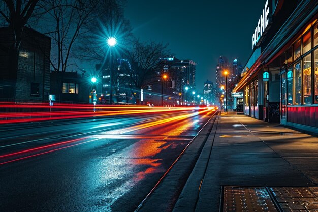 Rua da cidade à noite com trilhas de luz e edifícios modernos ao fundo