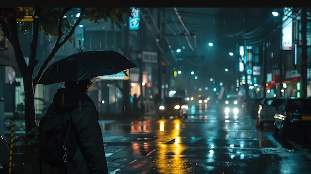 Rua da cidade à noite com uma pessoa segurando um guarda-chuva