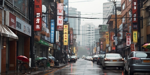 Rua da cidade asiática depois da chuva