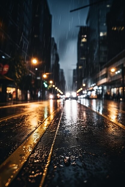 Foto rua da cidade chuvosa com trilhos amarelos de bonde e luzes borradas ao fundo