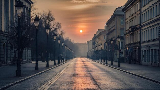Rua da cidade com estrada vazia e luz da manhã na Europa Lituânia Vilnius