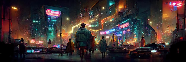 Rua da cidade cyberpunk, visão noturna, cidade futurista, luzes de neon. Cena de rua noturna, futuro retrô.