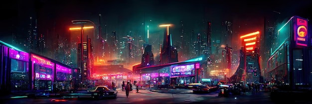 Rua da cidade cyberpunk, visão noturna, cidade futurista, luzes de neon. Cena de rua noturna, futuro retrô.