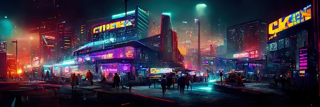 Foto rua da cidade cyberpunk, visão noturna, cidade futurista, luzes de neon. cena de rua noturna, futuro retrô.