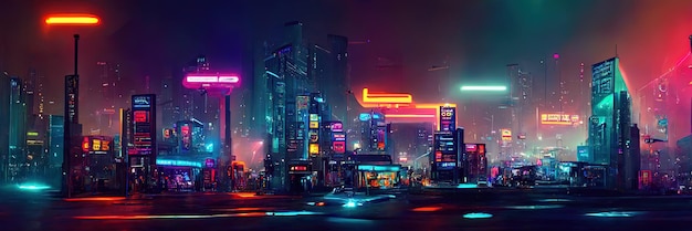 Rua da cidade cyberpunk, visão noturna, cidade futurista, luzes de neon. Cena de rua noturna, futuro retrô.