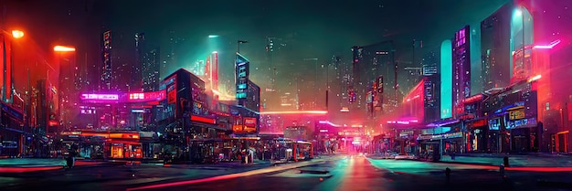 Rua da cidade cyberpunk, visão noturna, cidade futurista, luzes de neon. Cena de rua noturna, futuro retrô.