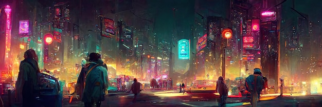 Rua da cidade cyberpunk, visão noturna, cidade futurista, luzes de neon. Cena de rua noturna, futuro retrô.