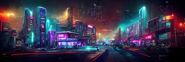 Rua da cidade cyberpunk, visão noturna, cidade futurista, luzes de neon. Cena de rua noturna, futuro retrô.