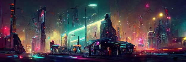 Rua da cidade cyberpunk, visão noturna, cidade futurista, luzes de neon. Cena de rua noturna, futuro retrô.