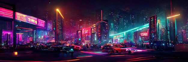 Rua da cidade cyberpunk, visão noturna, cidade futurista, luzes de neon. Cena de rua noturna, futuro retrô.