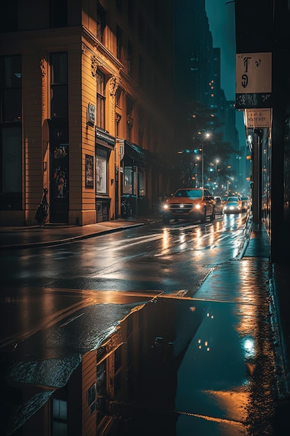 Rua da cidade de Nova York à noite, rua molhada AIGenerated