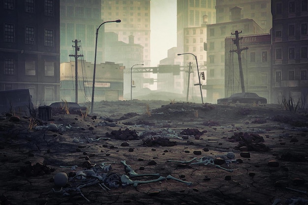 Rua da cidade destruída após o apocalipse