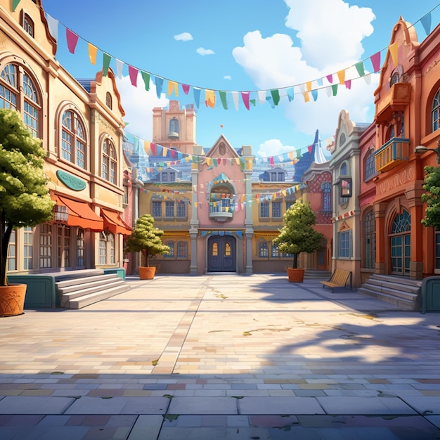 rua da cidade dos desenhos animados com edifícios coloridos e bandeiras no céu ai generativa