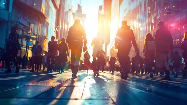 Rua da cidade lotada com pessoas caminhando em todas as direções