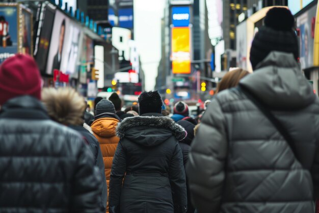 Foto rua da cidade lotada de pessoas com casacos de inverno