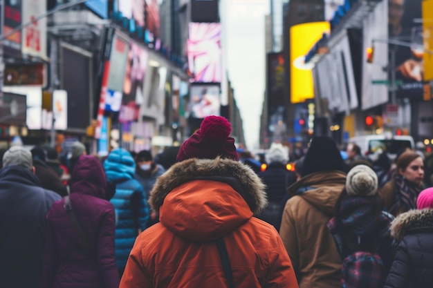 Foto rua da cidade lotada de pessoas com casacos de inverno