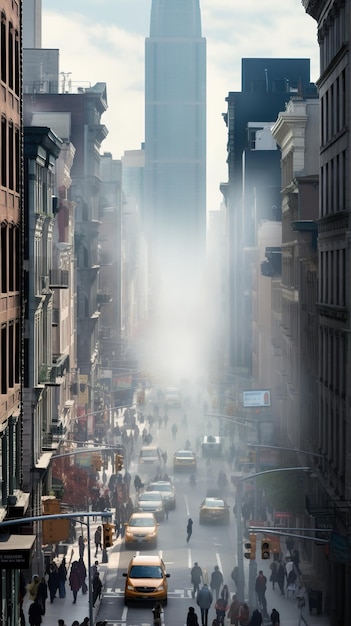 Rua da cidade lotada de smog e tráfego