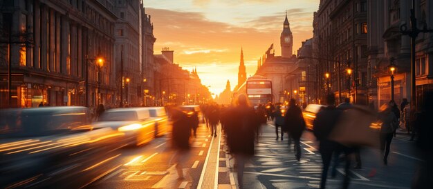 Foto rua da cidade movimentada no pôr do sol multidões de pessoas a caminhar no pôr-do-sol