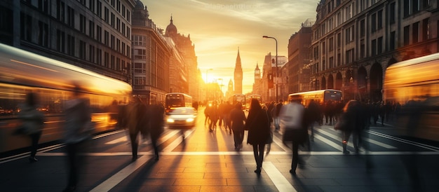 Foto rua da cidade movimentada no pôr do sol multidões de pessoas a caminhar no pôr-do-sol